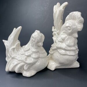 Cream Ceramic Hen & Rooster Speckled Finish Farmhouse Rustic Coop Y2k Vintage